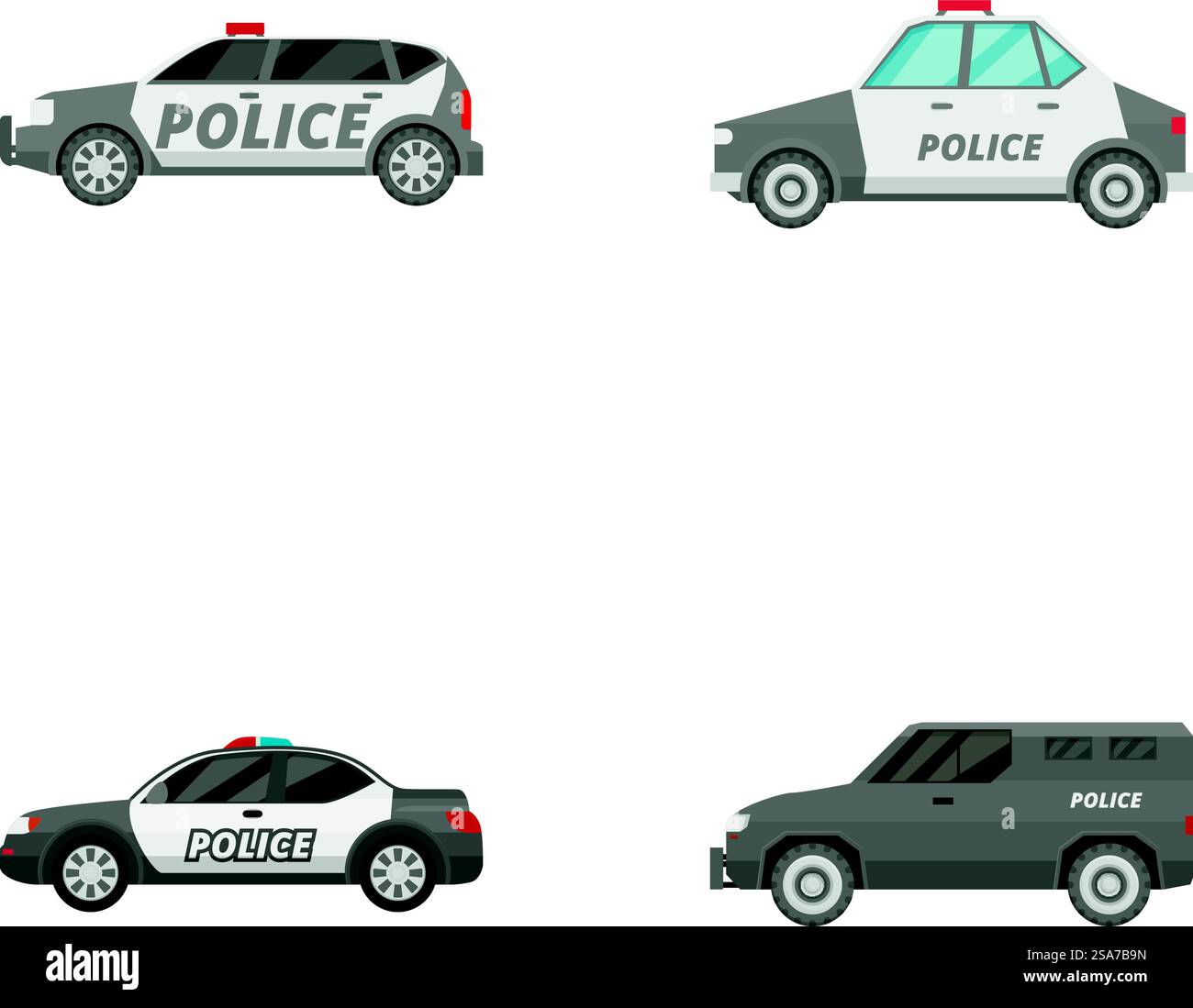 Collezione di quattro diverse illustrazioni di auto della polizia in uno stile piatto. Set di auto della polizia cartoni animati su sfondo bianco Illustrazione Vettoriale Collezione di quattro diverse illustrazioni di auto della polizia in uno stile piatto. Set di auto della polizia cartoni animati su sfondo bianco Illustrazione Vettoriale