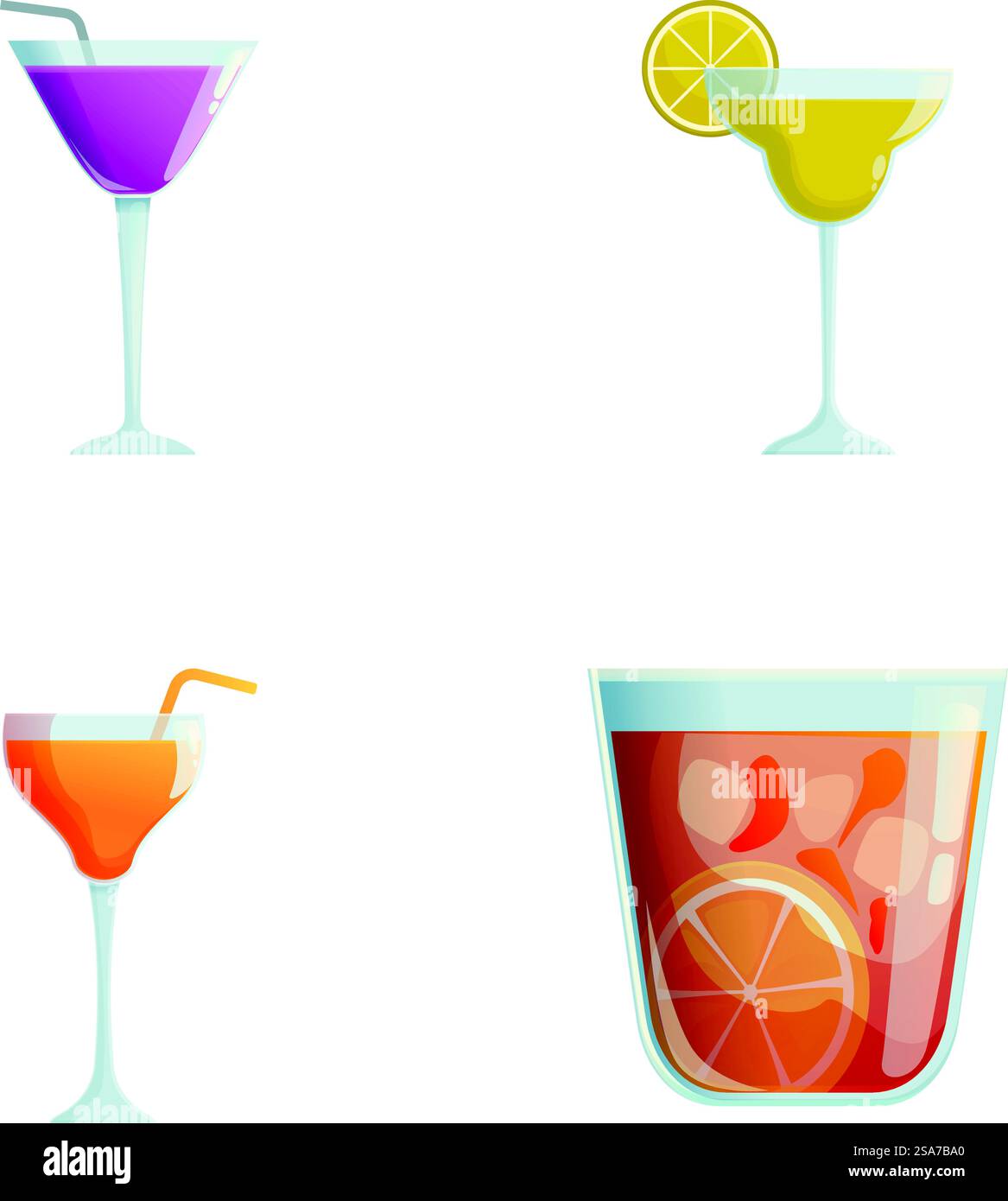Colorata collezione di quattro bicchieri da cocktail, ideale per bar e feste. Set vettoriale di bicchieri da cocktail assortiti Illustrazione Vettoriale