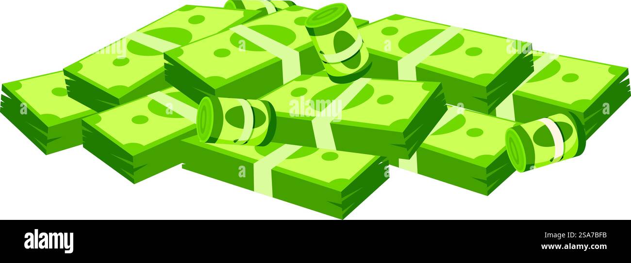 Una grande pila di banconote da cento dollari arrotolate e legate che illustrano la ricchezza. Un sacco di soldi che fanno un enorme mucchio di soldi Illustrazione Vettoriale