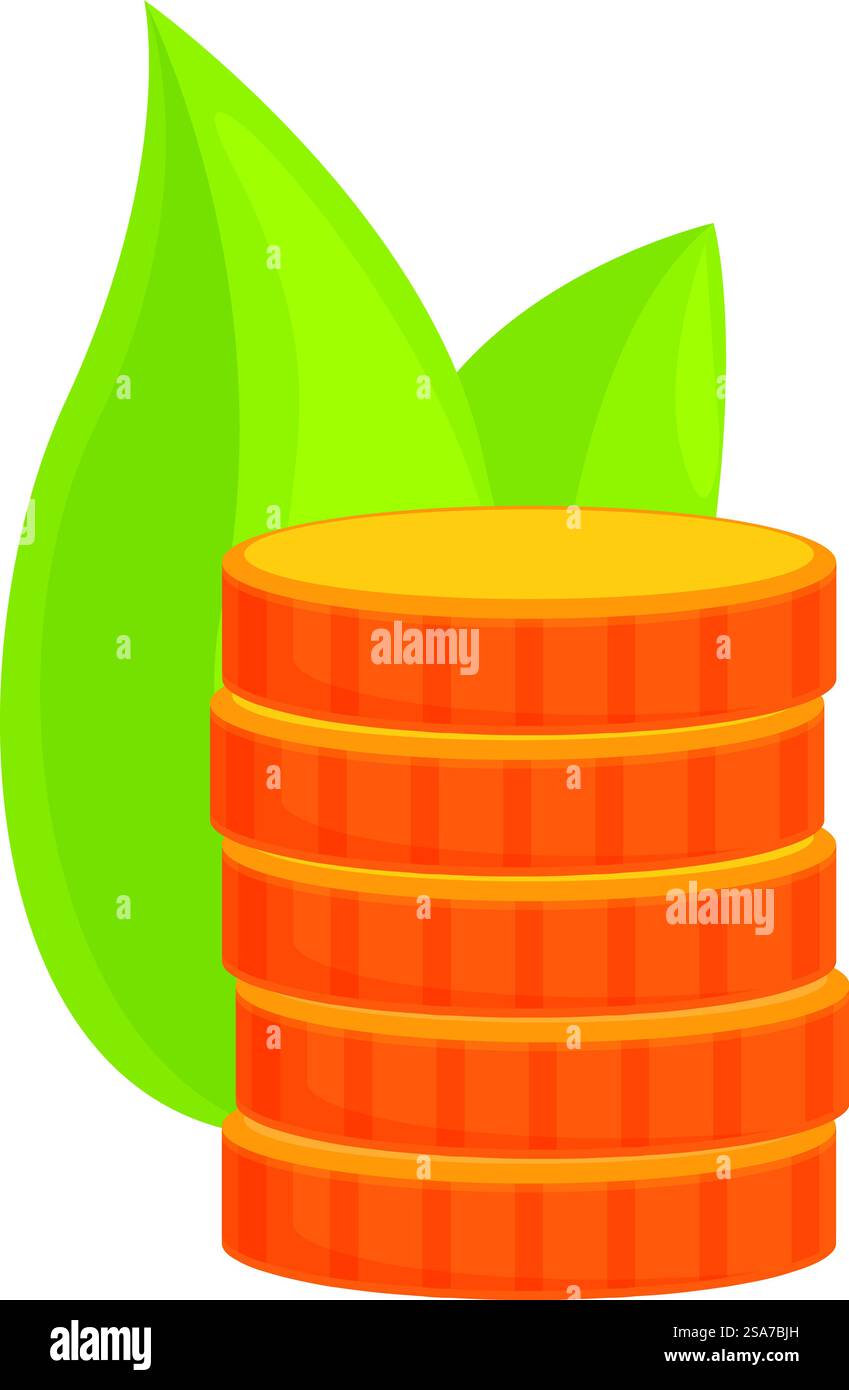 La pila di monete d'oro sta aumentando di dimensioni, simboleggiando un aumento dei risparmi, degli investimenti e del successo finanziario. Pile di monete d'oro che aumentano con foglie verdi dietro Illustrazione Vettoriale
