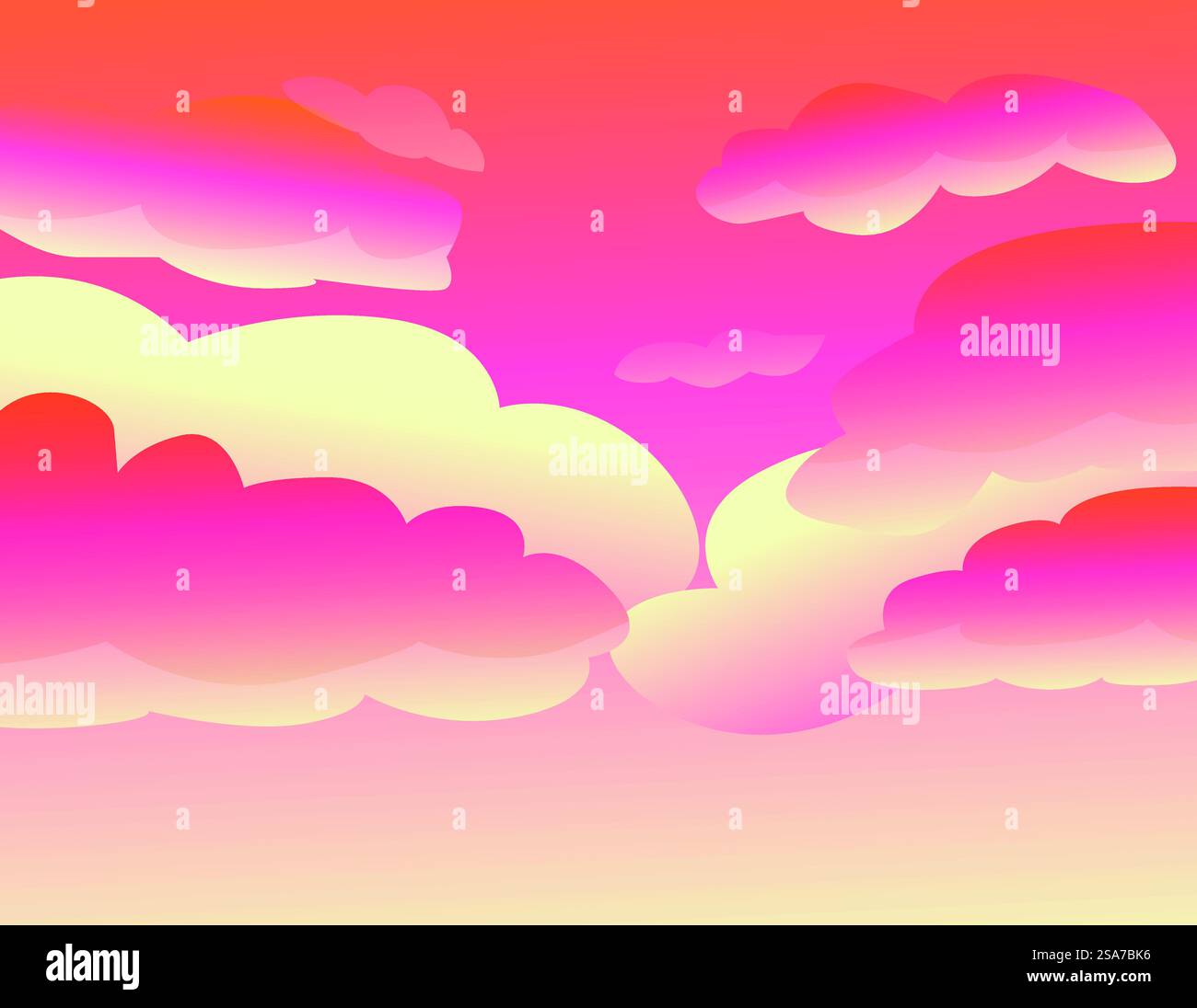 Il cielo è bellissimo, pieno di nuvole rosa e gialle. Romantico paesaggio nuvoloso rosa e giallo che riempie il cielo Illustrazione Vettoriale