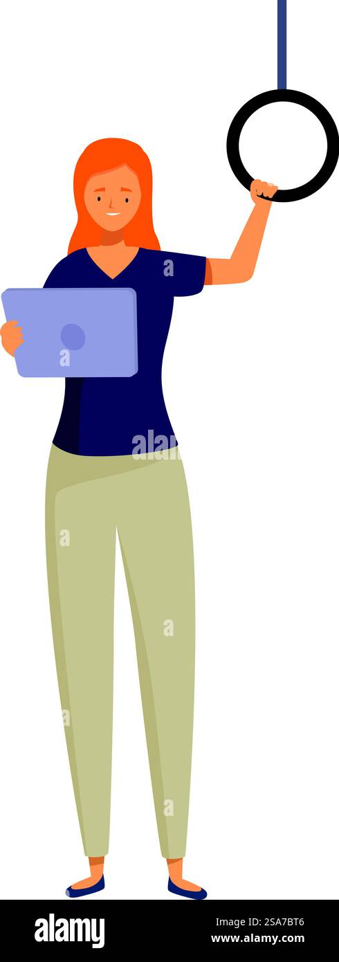 Giovane donna che tiene una maniglia mentre utilizza un tablet digitale sui mezzi pubblici. Giovane donna in piedi sui trasporti pubblici utilizzando un tablet digitale Illustrazione Vettoriale