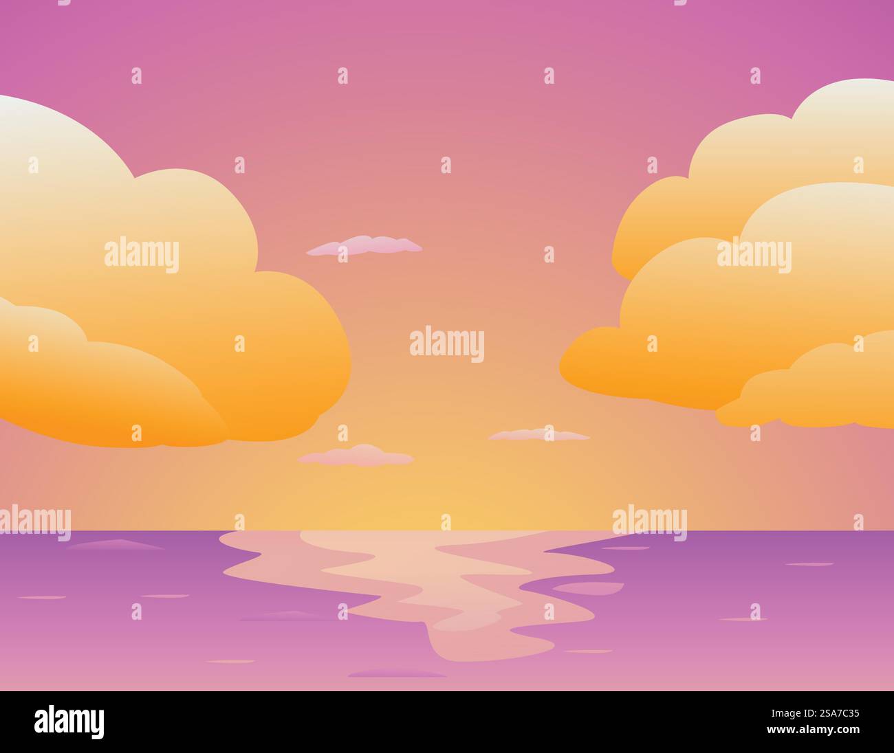 Oceano che riflette l'ultima luce di un tramonto colorato con grandi nuvole, un bellissimo paesaggio. Tramonto colorato che si riflette sull'oceano con grandi nuvole gialle e rosa Illustrazione Vettoriale