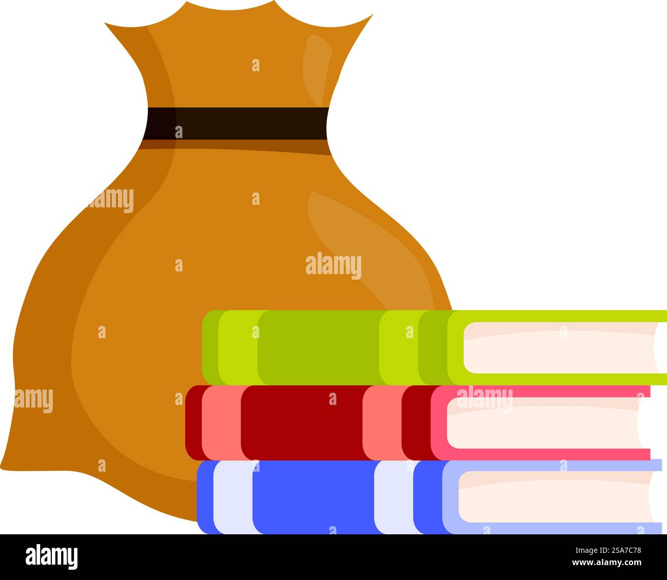 Una borsa piena di soldi si trova accanto a una pila di libri che rappresentano il concetto di costose tasse scolastiche. Borsa piena di soldi accanto a una pila di libri per il concetto di tassa scolastica Illustrazione Vettoriale