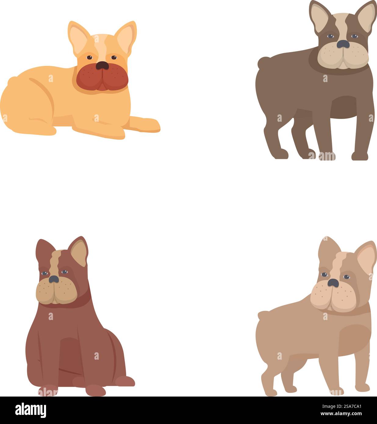 Collezione di quattro simpatiche illustrazioni di bulldog francesi in diversi colori e pose. Set di cartoni animati bulldogs francesi in varie pose Illustrazione Vettoriale
