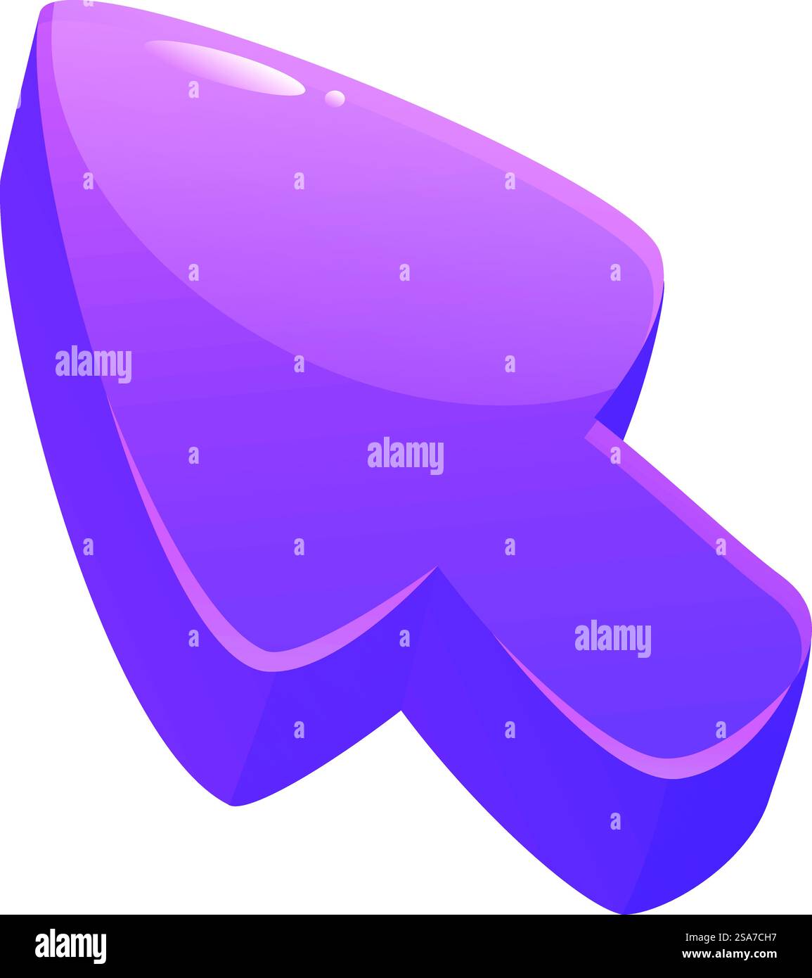 Il cursore 3d viola punta verso l'angolo superiore sinistro dello schermo. cursore 3d viola lucido rivolto verso l'angolo in alto a sinistra Illustrazione Vettoriale
