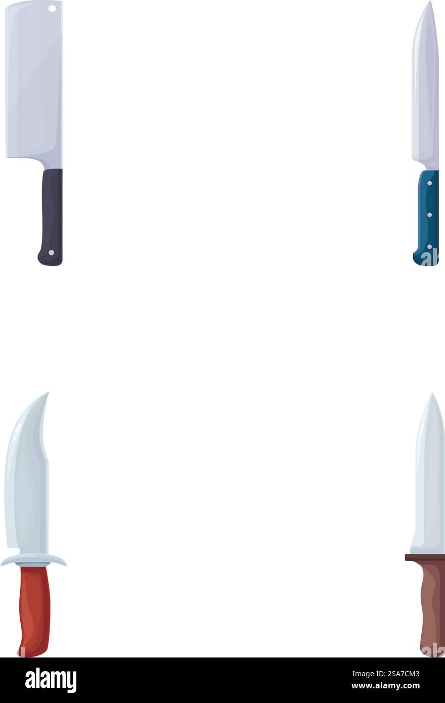 Collezione di vari coltelli da cucina per la cottura e la preparazione degli alimenti. Set di coltelli da cucina e da chef isolati su bianco Illustrazione Vettoriale