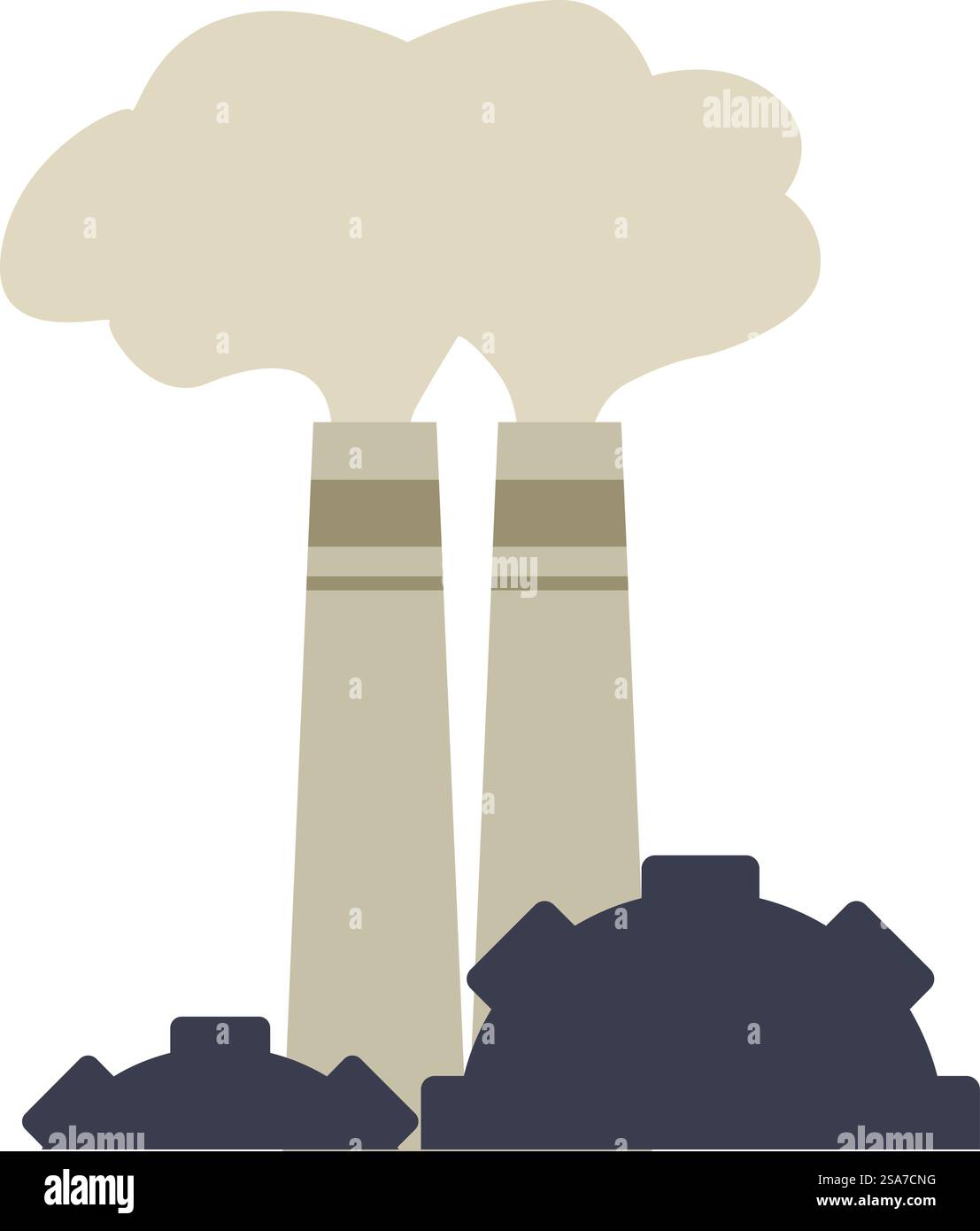Illustrazione che mostra l'inquinamento industriale con fumo che fuoriesce da due camini. La costruzione di una fabbrica industriale è un ambiente inquinante con il fumo proveniente dai camini Illustrazione Vettoriale