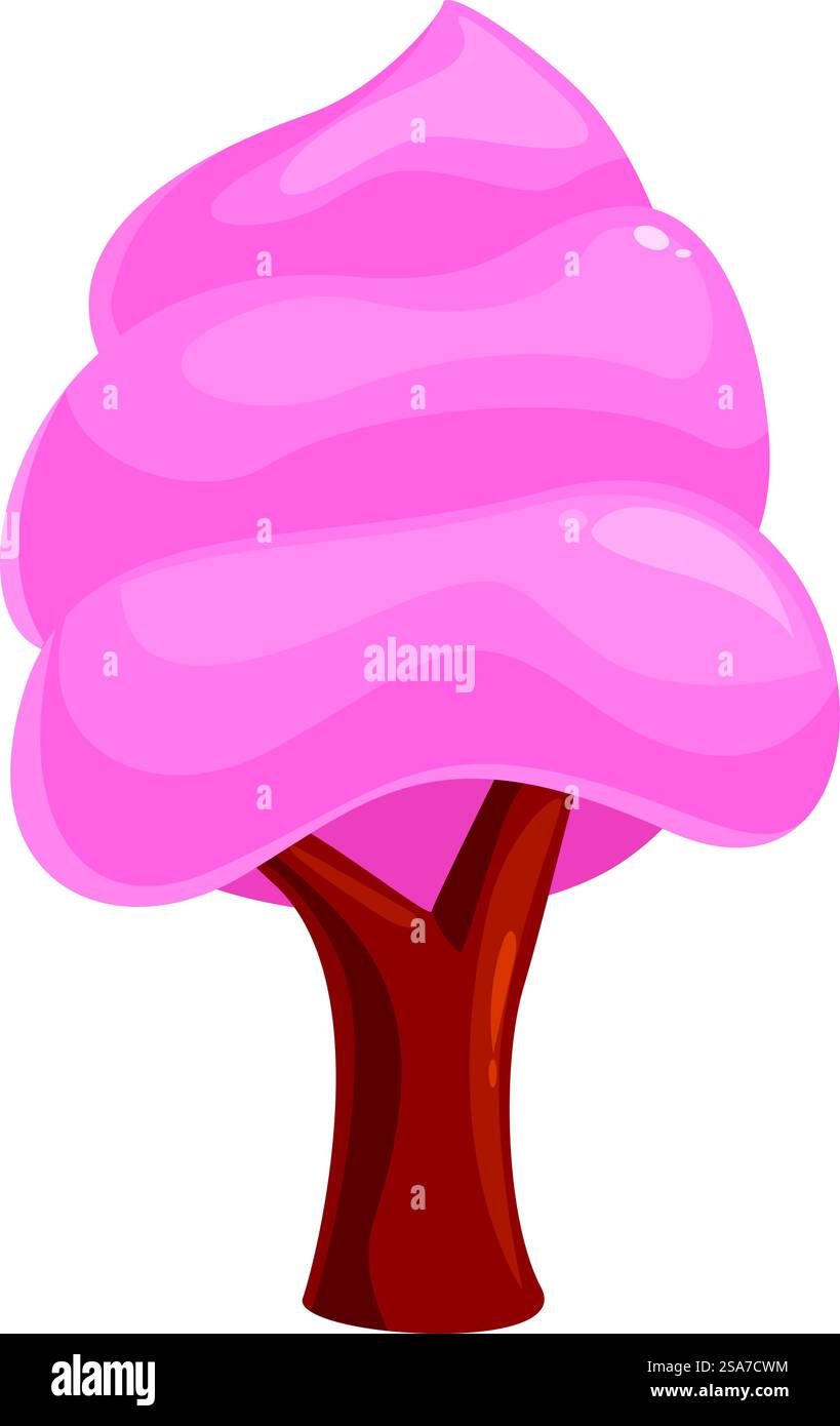 Albero cartoni animati di cotone rosa che cresce con tronco marrone e deliziosa corona isolata su sfondo bianco. Albero di zucchero di cotone rosa che cresce con tronco marrone e deliziosa corona Illustrazione Vettoriale