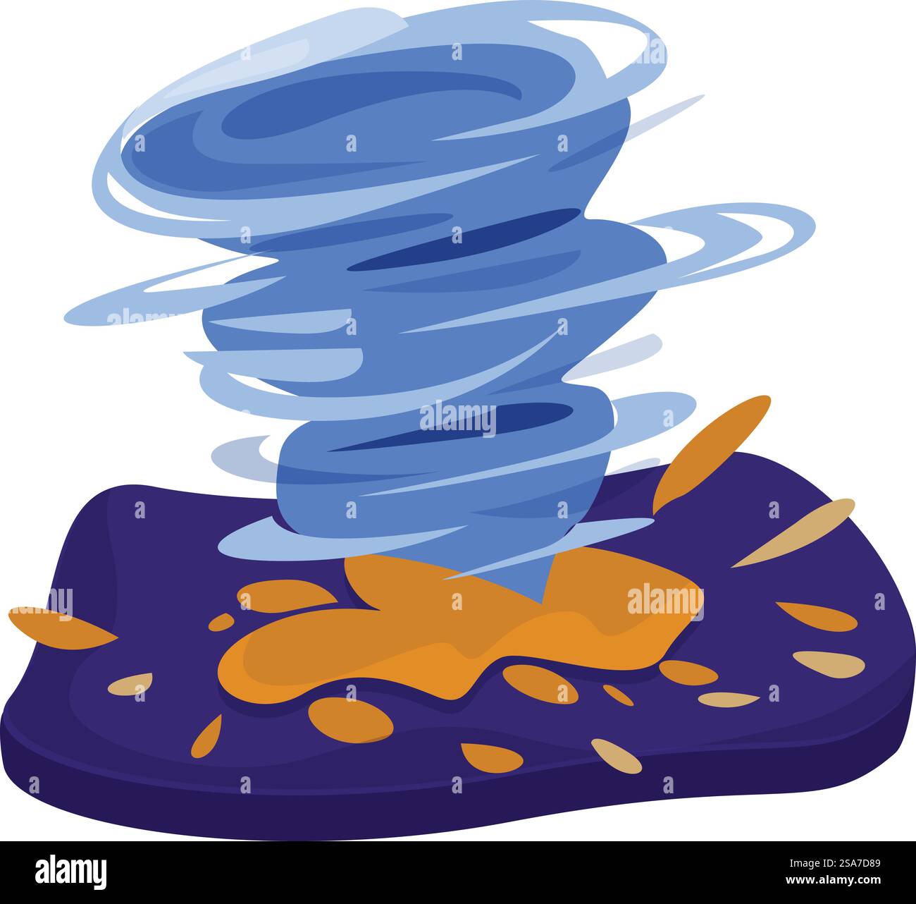 Il vortice dei cartoni animati ruota e crea tornado a terra. Il vortice blu che ruota creando un tornado a terra Illustrazione Vettoriale