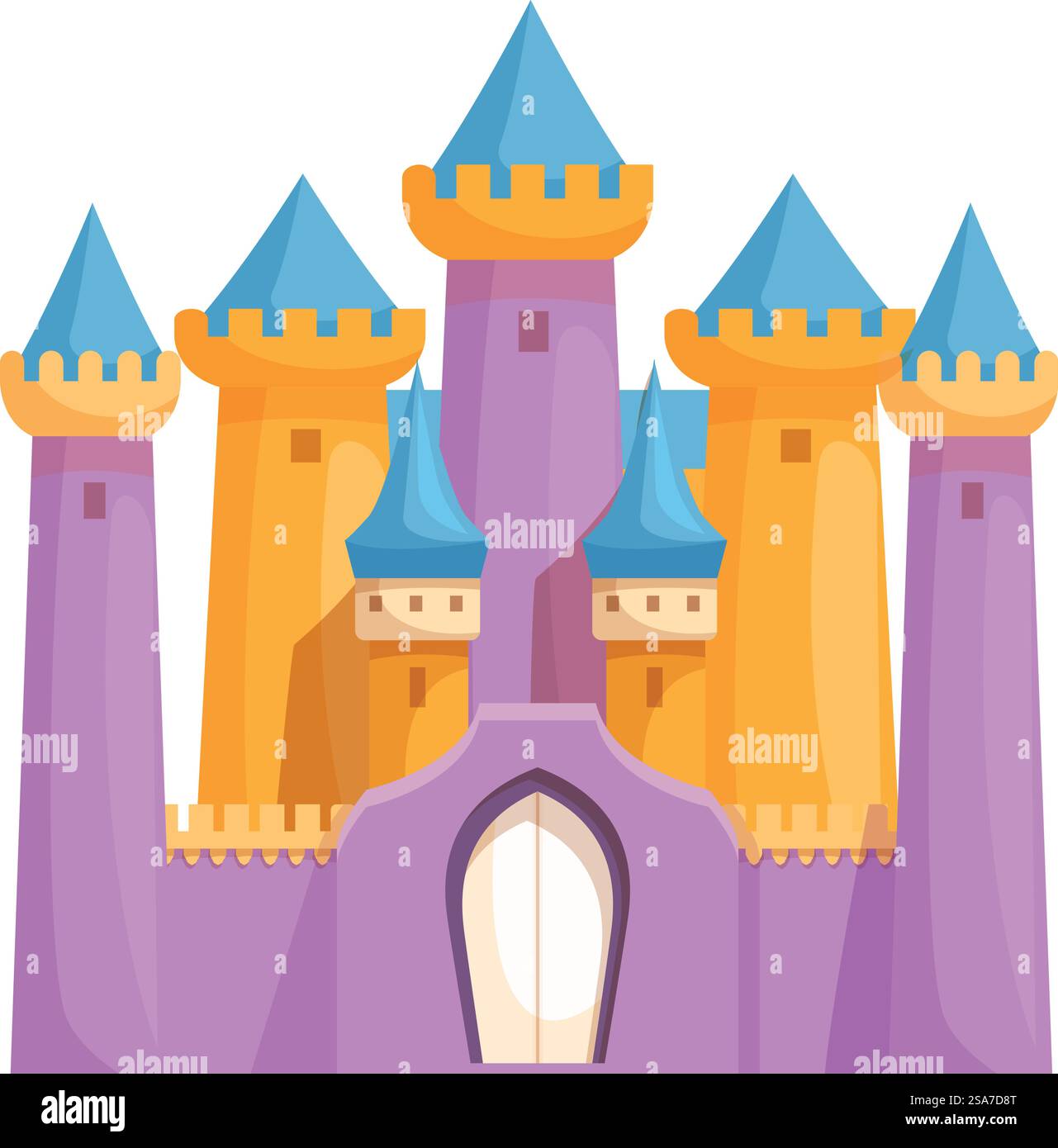 Grande e colorato castello da favola con torri e cancelli su sfondo bianco, illustrazione a cartoni animati piatti. Grande e colorato castello da favola con torri e cancelli su sfondo bianco Illustrazione Vettoriale