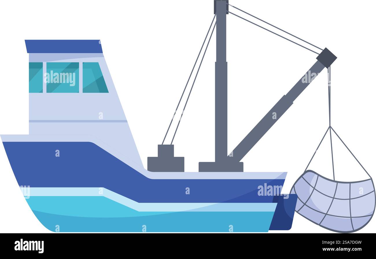 Il peschereccio sta abbassando la rete per la cattura del pesce nell'oceano, nel peschereccio commerciale e nell'industria marina. Rete di abbassamento per imbarcazioni da pesca per la cattura di pesci nell'oceano Illustrazione Vettoriale