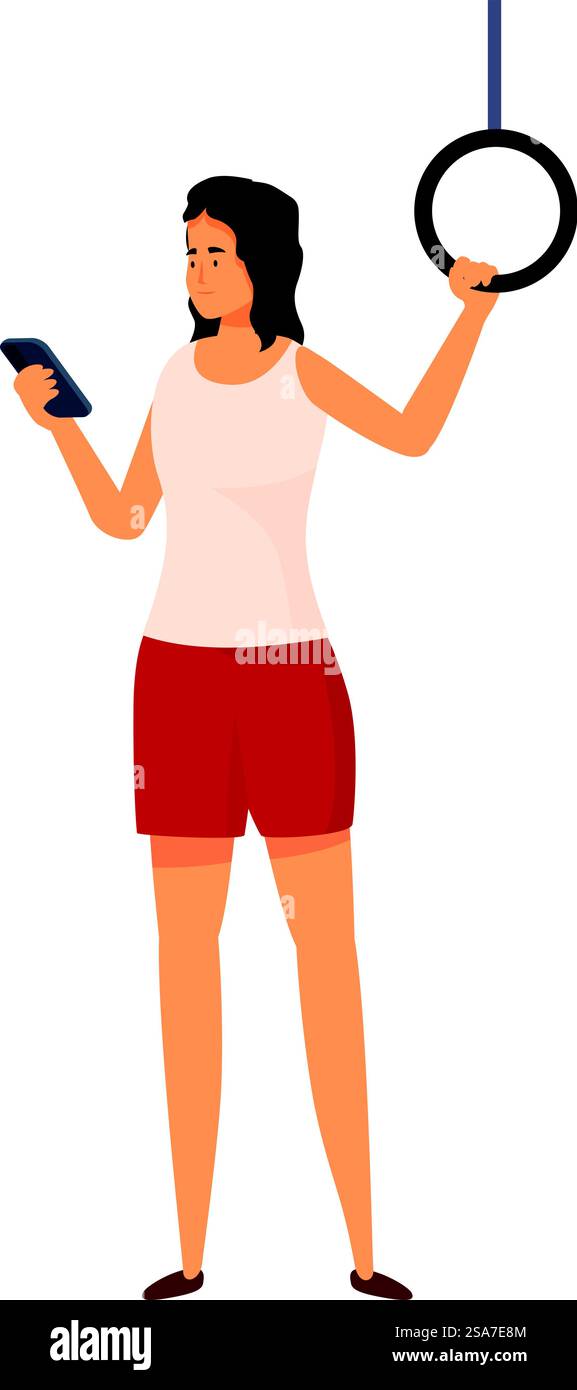 Giovane donna che utilizza lo smartphone mentre è in piedi su un autobus o un treno della metropolitana con un corrimano. La giovane donna è in viaggio mentre usa il suo smartphone e tiene un corrimano Illustrazione Vettoriale