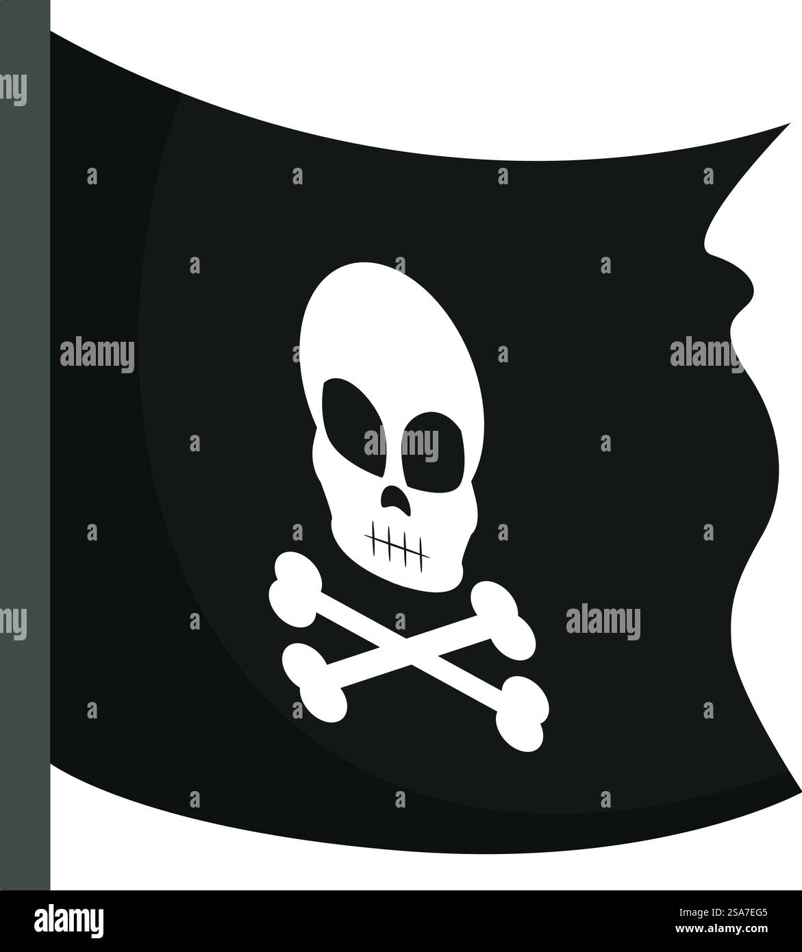 Bandiera nera con un cranio bianco e ossa incrociate, generalmente usata dai pirati. Bandiera nera dei pirati con teschio e ossa incrociate che sventolano nel vento Illustrazione Vettoriale