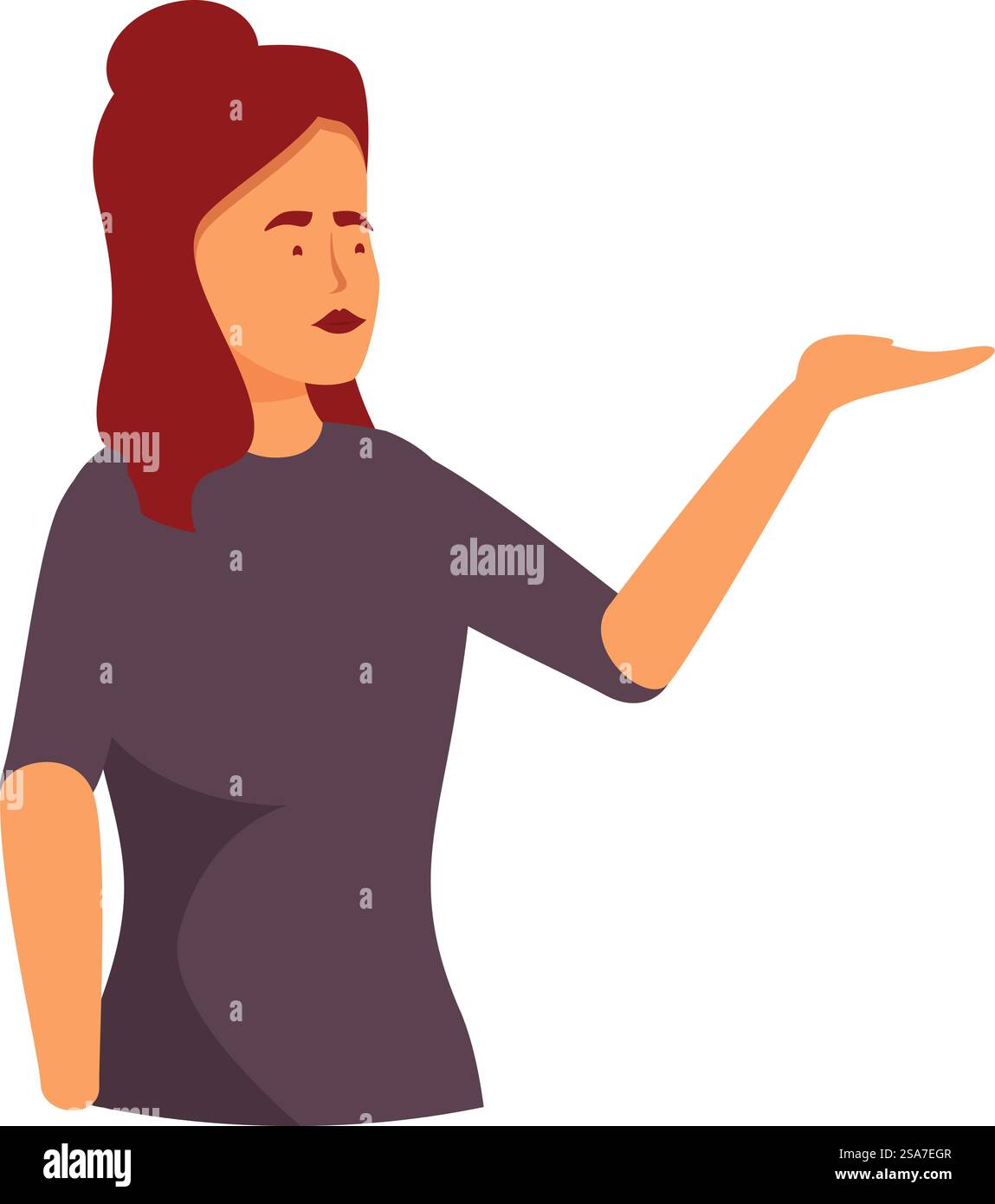 La giovane donna d'affari sta gestendo con la mano per presentare un nuovo prodotto. Donna d'affari che mostra qualcosa con il gesto della mano che presenta un nuovo prodotto Illustrazione Vettoriale