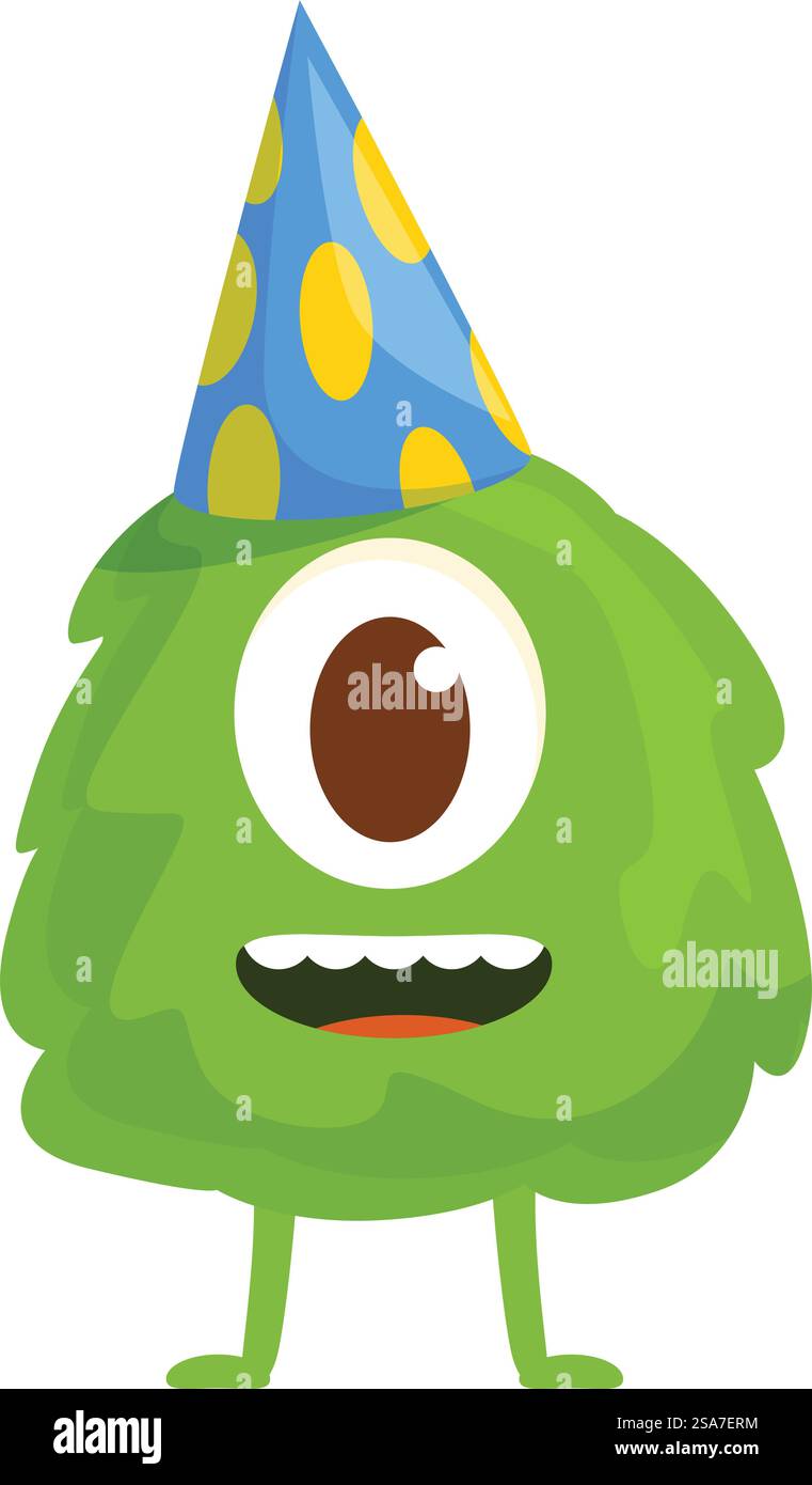 Mostro verde sorridente con un occhio che indossa un cappello blu da festa con puntini gialli. Divertente mostro verde con un occhio che indossa un cappello di compleanno blu sorride Illustrazione Vettoriale