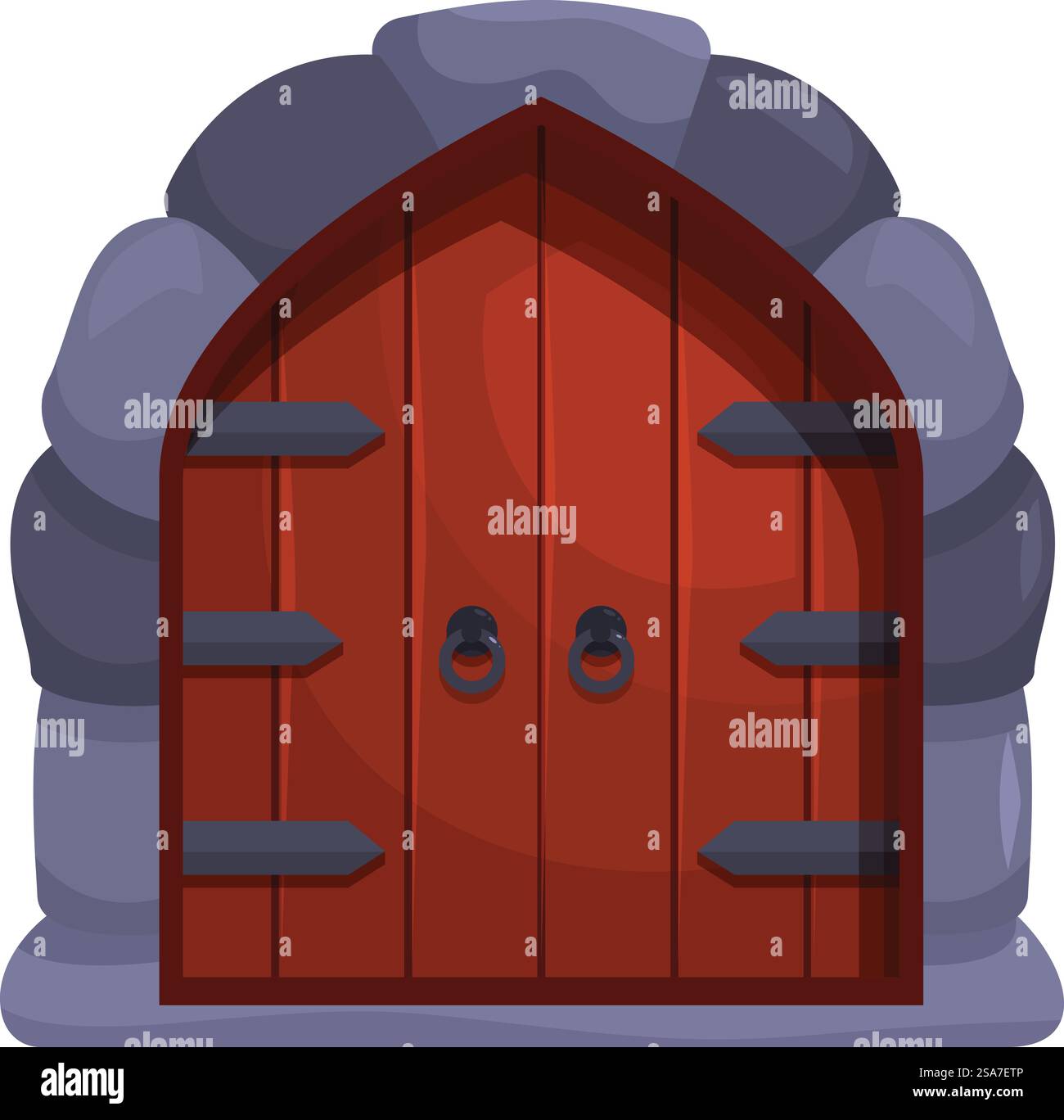 Il vecchio cancello con cerniere in metallo e maniglie circolari chiude l'ingresso al castello o alla fortezza. L'antica porta in legno fa parte di un muro di pietra Illustrazione Vettoriale