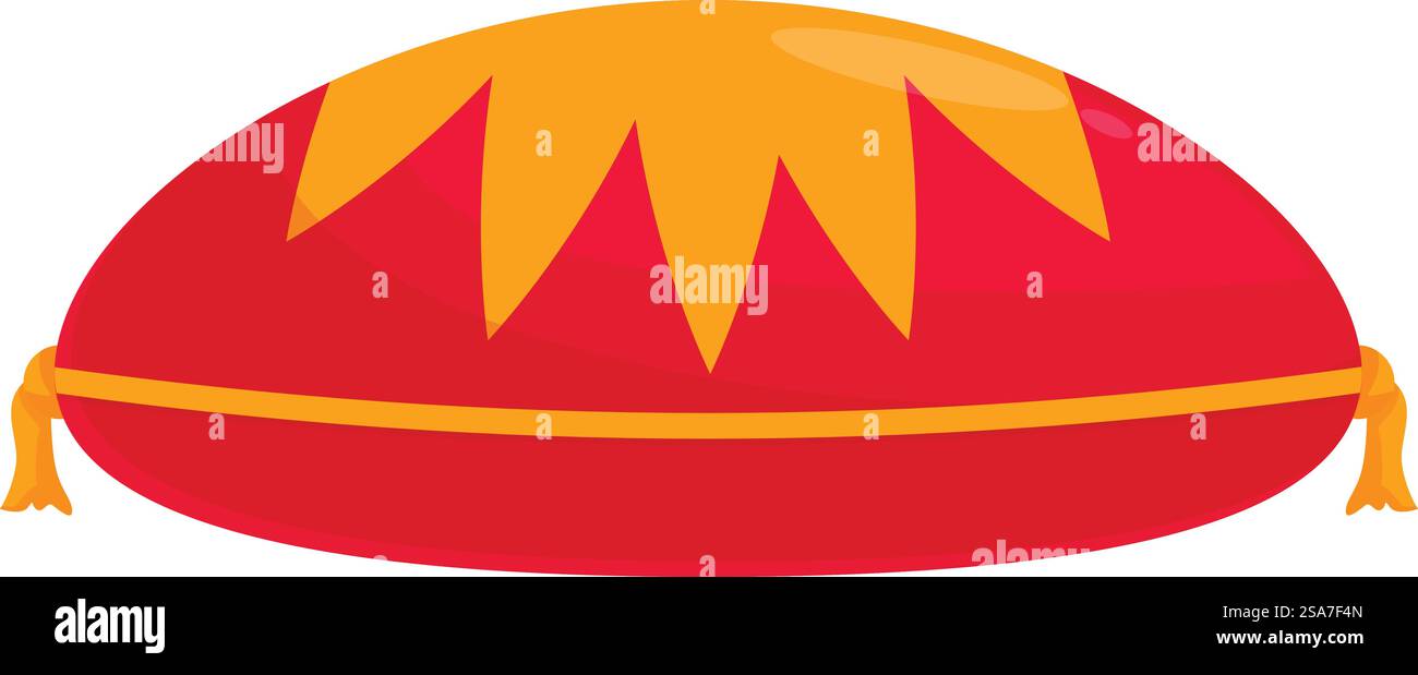 Cuscino ovale con nappine, decorato con un motivo a stella, che fornisce comfort e stile. Cuscino ovale rosso e giallo con nappine ricamate con motivo a stella Illustrazione Vettoriale