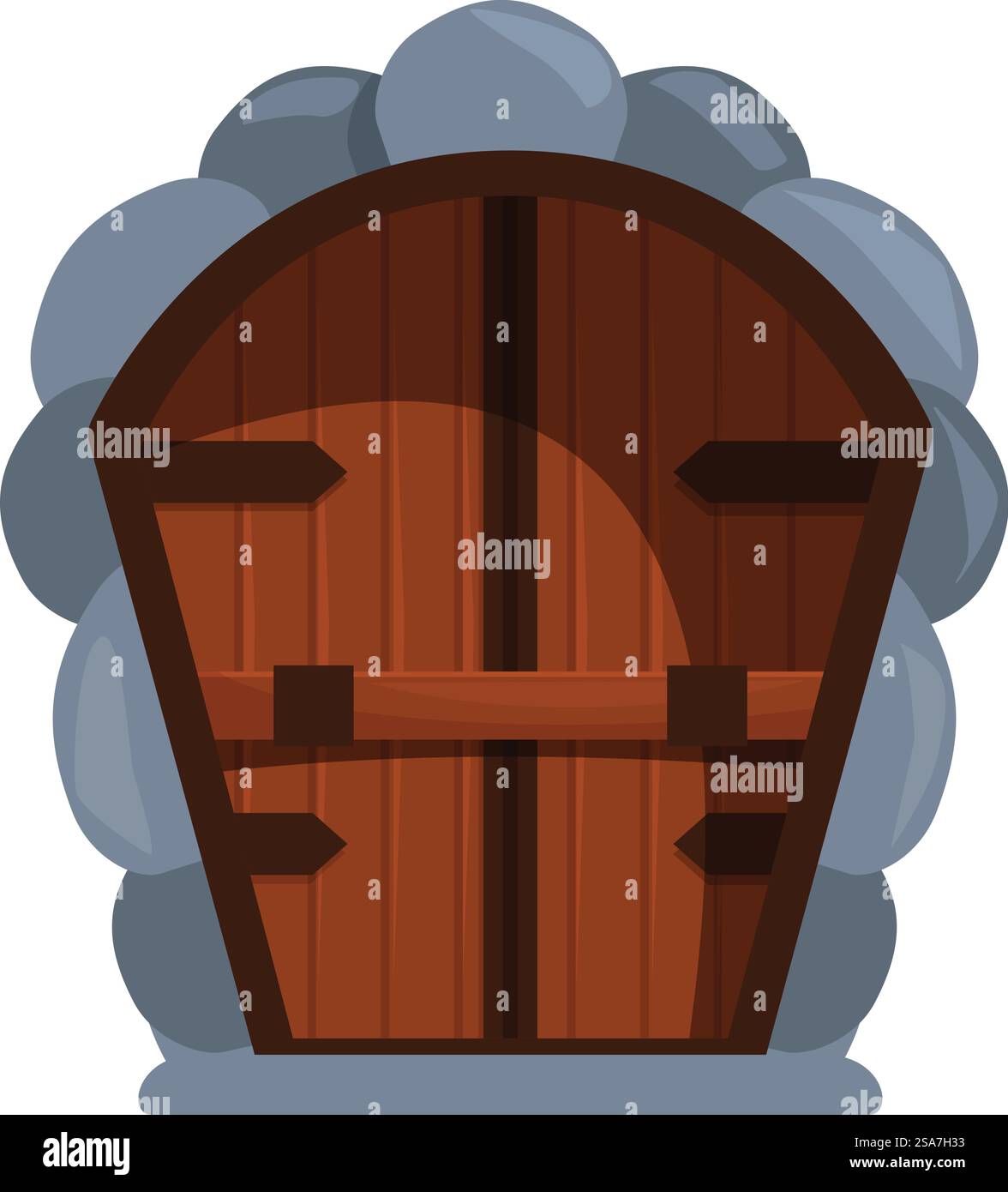 La vecchia porta in legno dei cartoni animati si chiude in un muro di pietra. La vecchia porta di legno viene chiusa in un muro di pietra Illustrazione Vettoriale