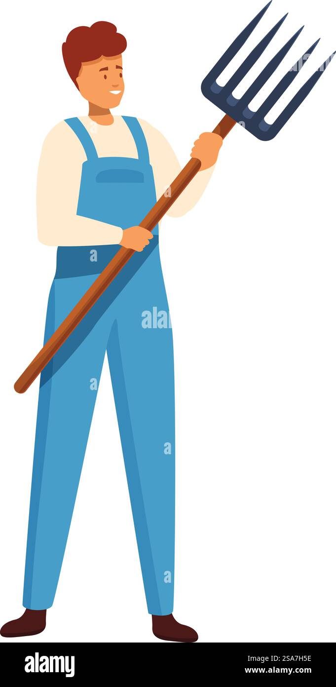 Agricoltore sorridente che tiene in mano un forcone, pronto a lavorare nei campi. Agricoltore felice che tiene il forcone in piedi in tuta blu Illustrazione Vettoriale