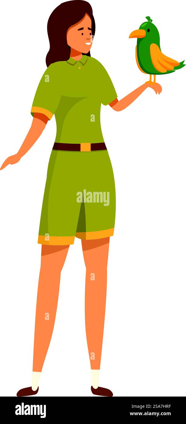 La custode dello zoo tiene in mano un pappagallo, mostrando il suo amore per gli animali e la sua dedizione al suo lavoro. Donna custode dello zoo che tiene in mano pappagallo sorridente in uniforme Illustrazione Vettoriale