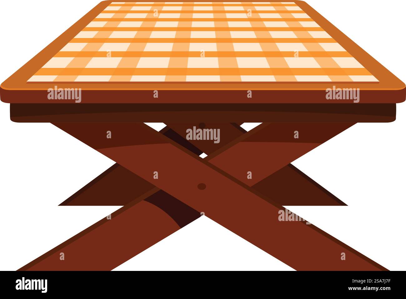 Tavolo pieghevole in legno con tovaglia arancione a scacchi che copre il piano, perfetto per picnic o cene all'aperto. Tavolo pieghevole in legno con piano di copertura in tovaglia arancione a scacchi Illustrazione Vettoriale