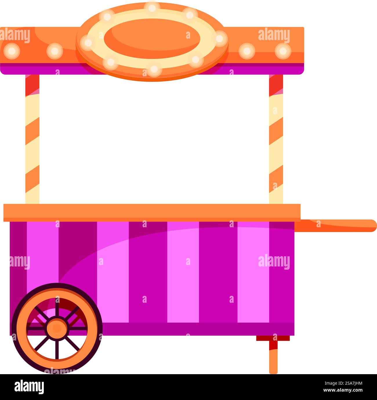 Carrello alimentare mobile vuoto rosa e arancione con grande cartello illuminato in attesa del festival del cibo di strada. Carrello mobile vuoto rosa e arancione in attesa del festival del cibo di strada Illustrazione Vettoriale