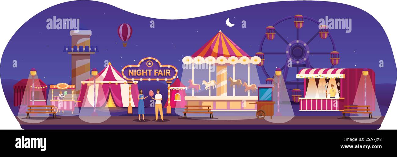 La coppia sta godendo la vita notturna in un parco divertimenti locale, godendo delle attrazioni e delle luci. Coppia che cammina nel parco divertimenti di notte godendosi la vita notturna e le attrazioni del festival Illustrazione Vettoriale