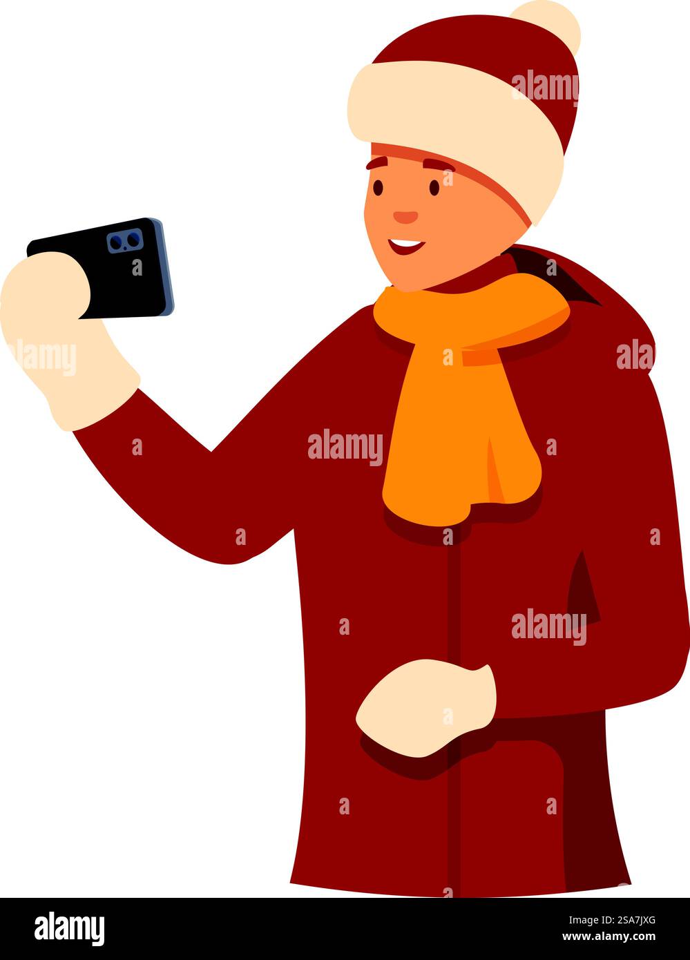 Uomo sorridente che indossa abiti invernali e si fa un selfie con il telefono. Uomo felice che indossa abiti invernali e si fa selfie Illustrazione Vettoriale