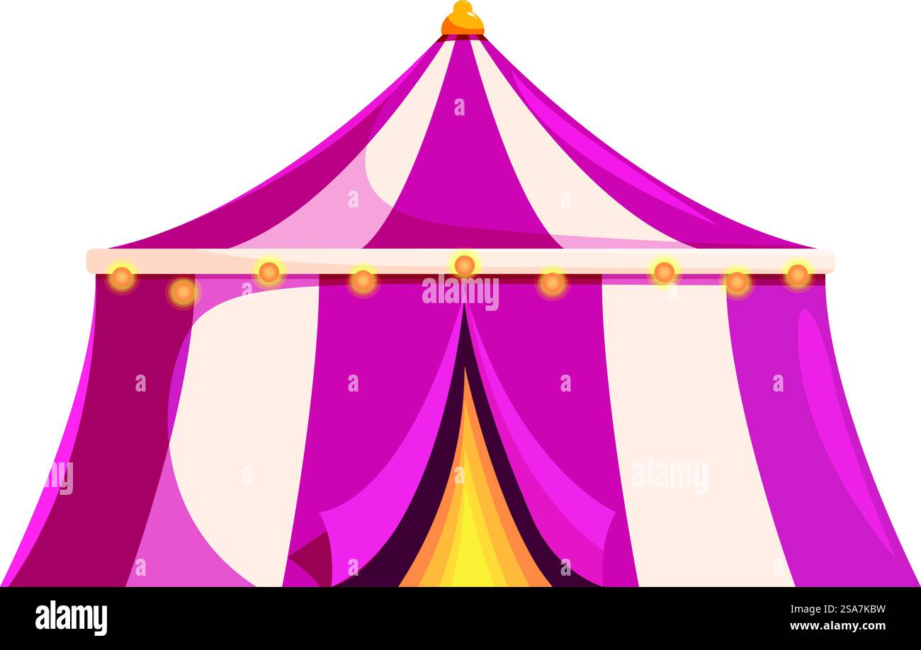 Grande tenda da da circo con tenda aperta che accoglie i visitatori per godersi lo spettacolo. Grande tenda da da circo in cima all'ingresso con tenda aperta Illustrazione Vettoriale