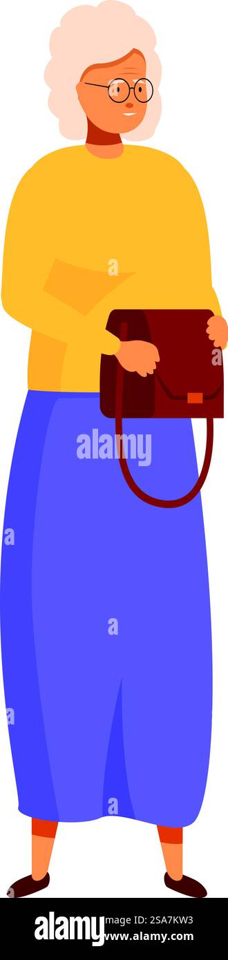 Donna anziana che tiene la borsa, si sente persa e confusa. Una donna anziana che tiene la borsetta si sente persa e confusa Illustrazione Vettoriale