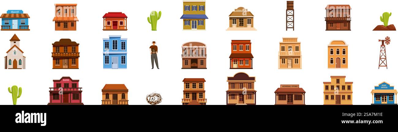 Set di icone degli edifici urbani occidentali. Il personaggio dei Cowboy si erge fuori dall'edificio del selvaggio West con saloon, banca, ufficio dello sceriffo, mulino a vento, cactus, e la torre dell'acqua. Set di icone degli edifici urbani occidentali. Collezione di edifici del selvaggio West con un carattere da cowboy che spicca Illustrazione Vettoriale
