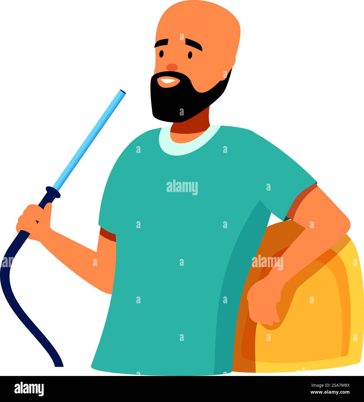 L'uomo barbuto regge un tubo di narghilè e si appoggia su un oggetto giallo. Uomo barbuto che tiene il tubo narghilè e si appoggia su un oggetto giallo Illustrazione Vettoriale
