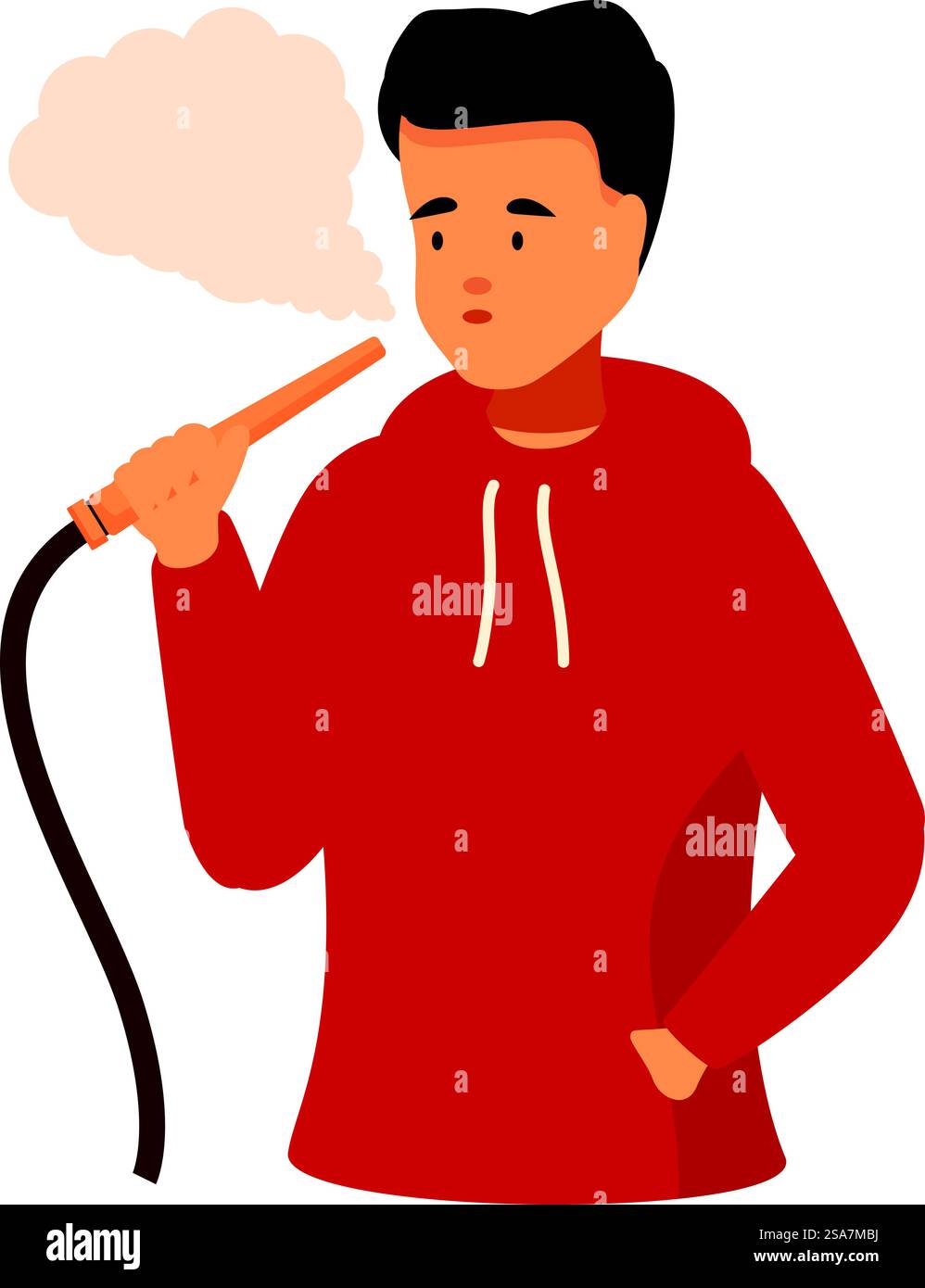 Il giovane si sta godendo un momento di relax mentre fuma un narghilè. Giovane che fuma un narghilè che si rilassa a casa Illustrazione Vettoriale
