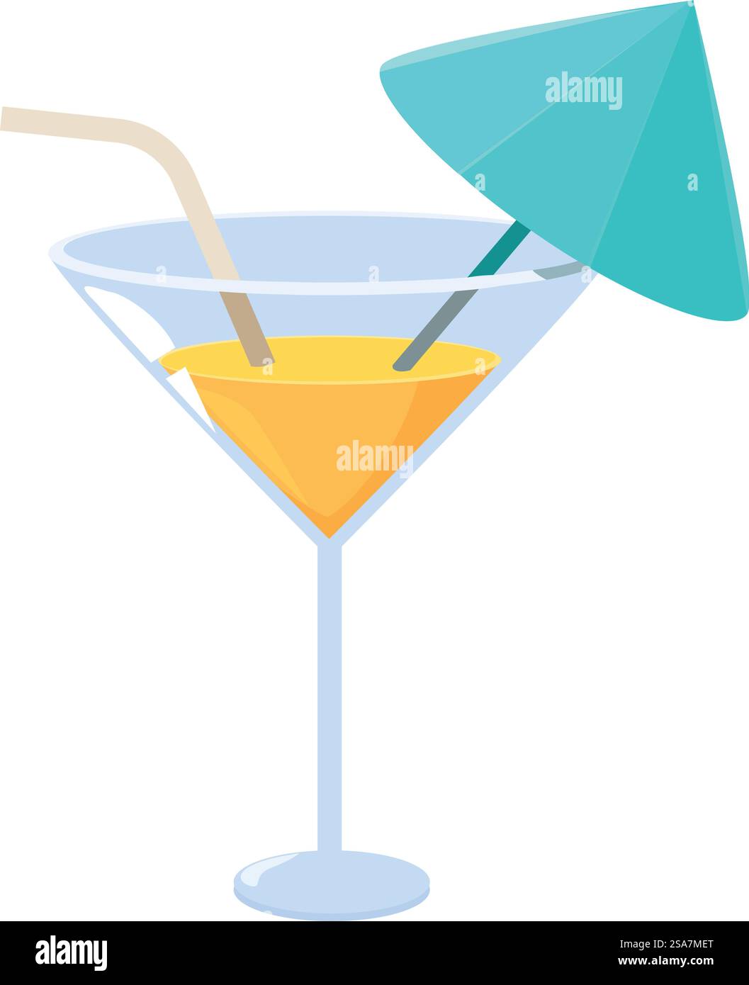 Illustrazione vettoriale con un rinfrescante cocktail arancione servito in un bicchiere di martini, adornato con una paglia e un vivace ombrello da cocktail. Cocktail d'arancia in bicchiere di martini con paglia e ombrello da cocktail Illustrazione Vettoriale
