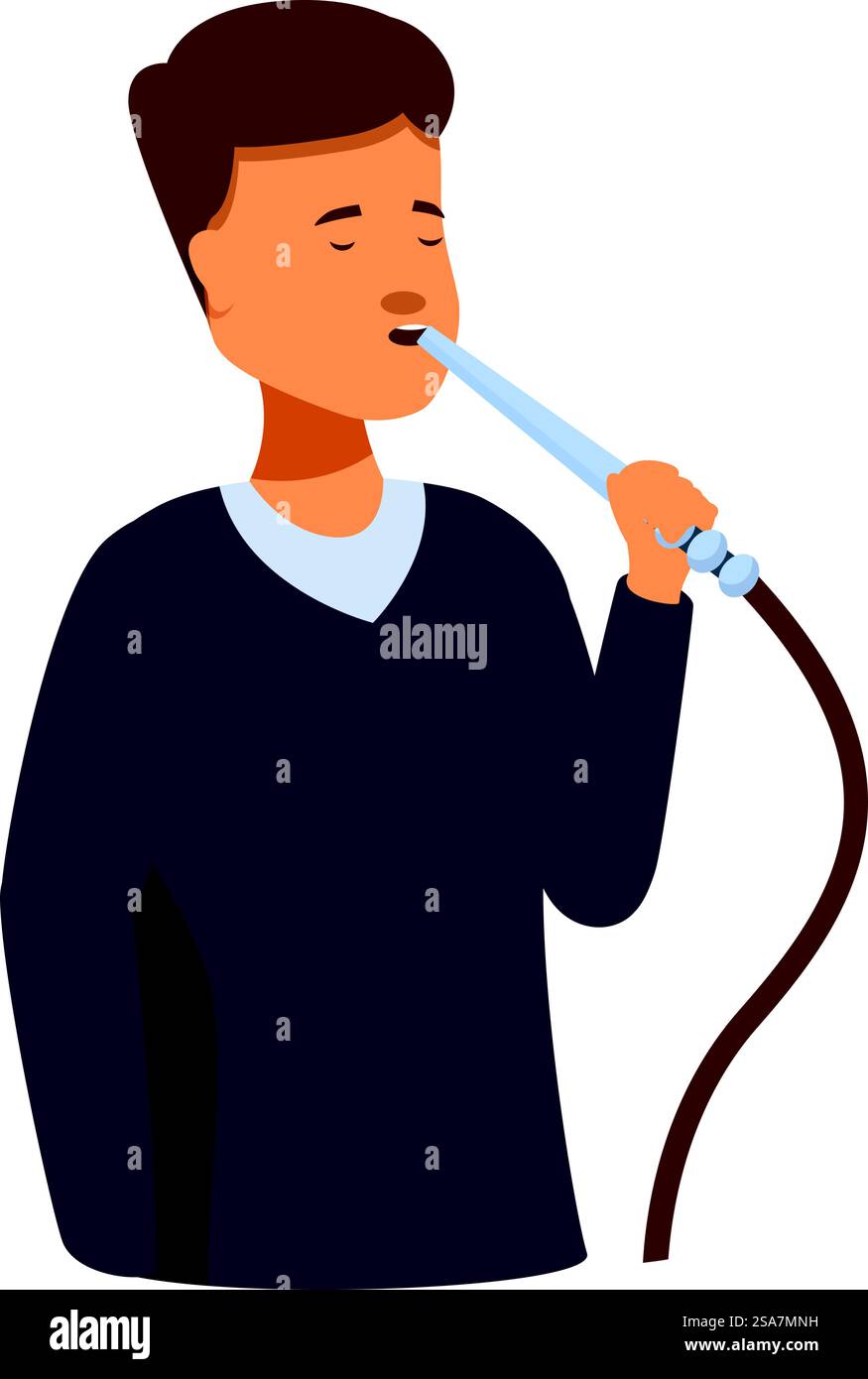 Il giovane si sta godendo un momento di relax mentre fuma narghilè. Giovane che fuma narghilè, rilassandosi e divertendosi Illustrazione Vettoriale