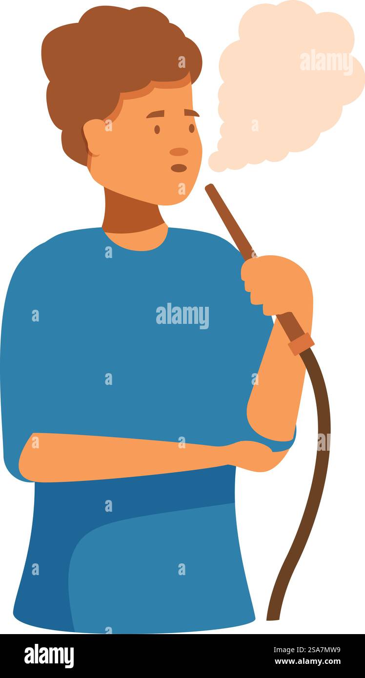 Il giovane sta tenendo in mano una tradizionale pipa di narghilè, sta prendendo una trazione ed espirando un pennacchio di fumo. Giovane che fuma il tradizionale pipa di narghilè che si rilassa e si diverte Illustrazione Vettoriale