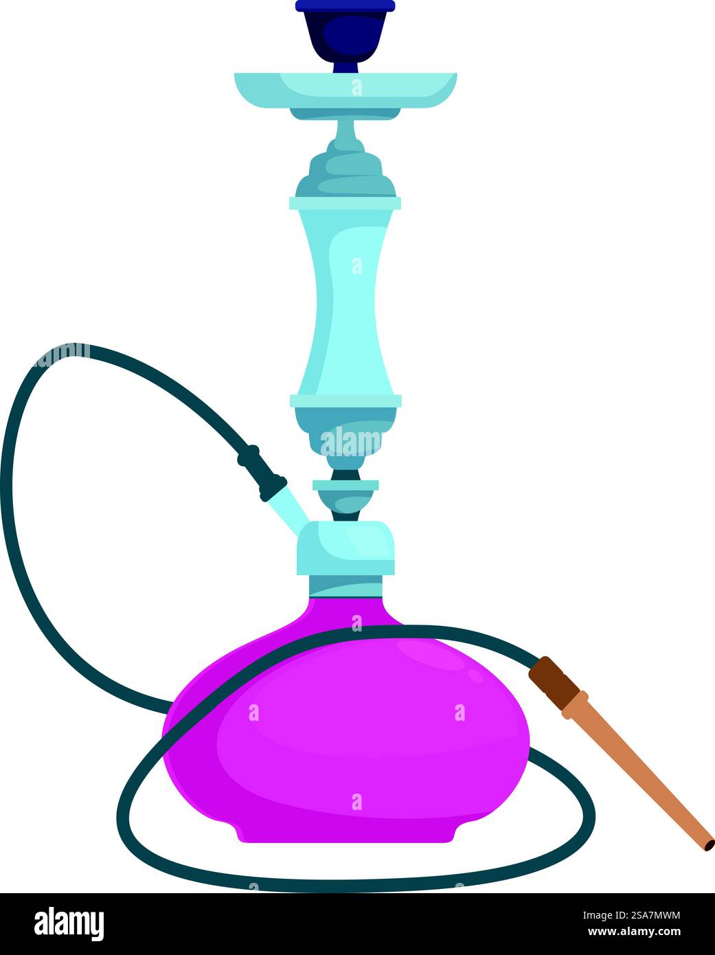 Tubo per fumo orientale tradizionale con tubo lungo per inalare ed espirare fumo. Narghilè rosa con tubo lungo su sfondo bianco Illustrazione Vettoriale