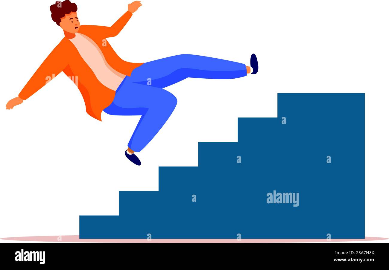 Il giovane sta cadendo da qualche scala, è spaventato e sta cercando di resistere. Giovane che scivola e cade giù dalle scale, incidente Illustrazione Vettoriale