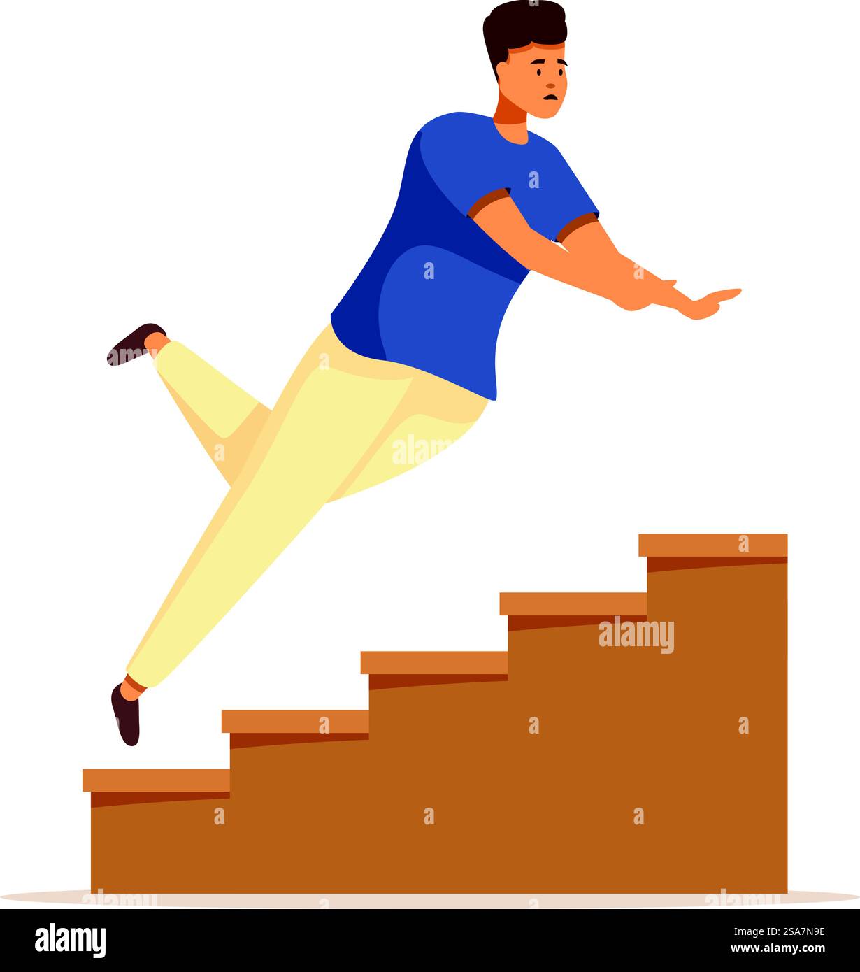 Il giovane sta cadendo da una rampa di scale in cerca di sostegno. Un giovane che cade giù per le scale in cerca di sostegno Illustrazione Vettoriale