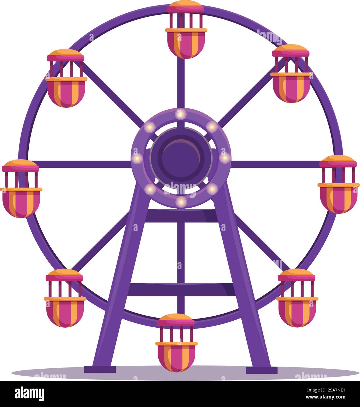 La colorata ruota panoramica con razze viola e cabine gialle è ferma, in attesa dei passeggeri. Ruota panoramica ferma nel parco divertimenti su sfondo bianco Illustrazione Vettoriale