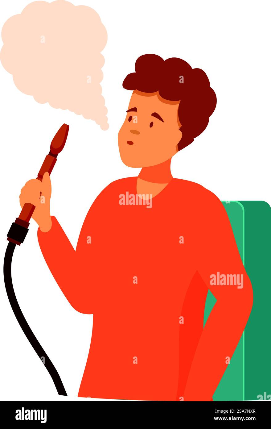 Giovane che tiene in mano la tradizionale pipa narghile, godendo dell'aroma e soffiando fumo. Giovane che fuma narghilè e si rilassa a casa Illustrazione Vettoriale