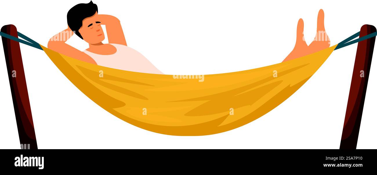 Il giovane sta trascorrendo una rilassante giornata estiva sdraiato su un'amaca. Giovane uomo che si rilassa sdraiato sull'amaca godendo delle vacanze estive Illustrazione Vettoriale