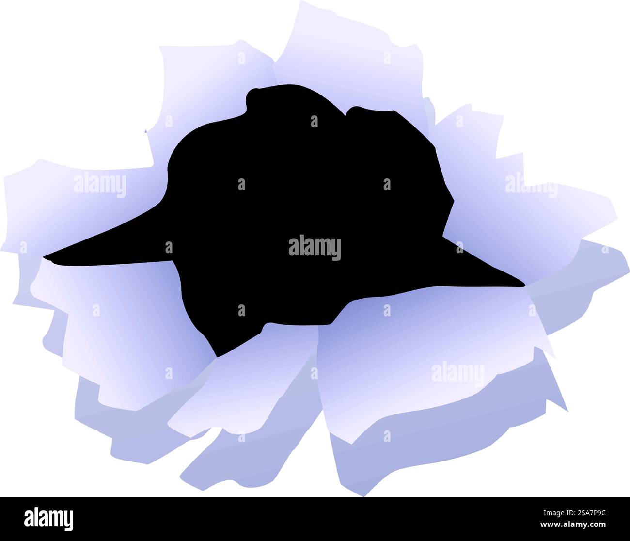 Il foro del proiettile si strappa attraverso la carta bianca creando un effetto strappato. Foro puntiforme che mostra lo sfondo della carta strappata Illustrazione Vettoriale