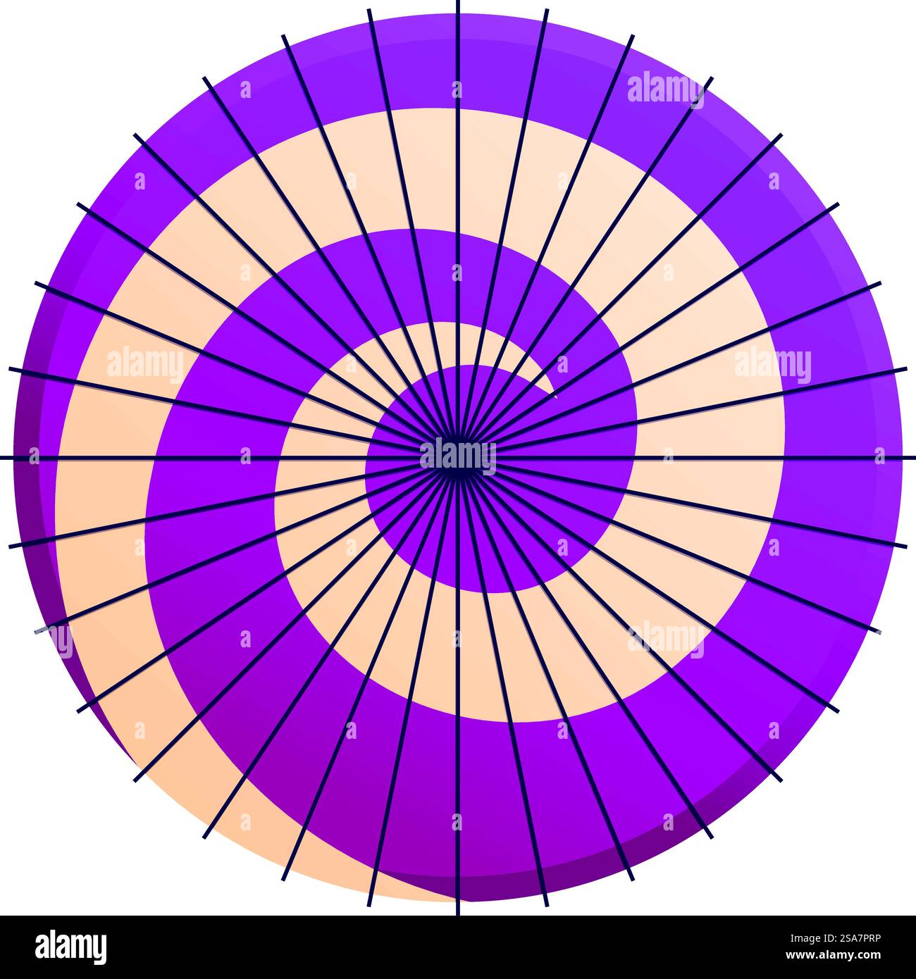 L'ombrello tradizionale giapponese mostra un motivo a spirale con un colore viola. Ombrello giapponese tradizionale con motivo a spirale di colore viola Illustrazione Vettoriale