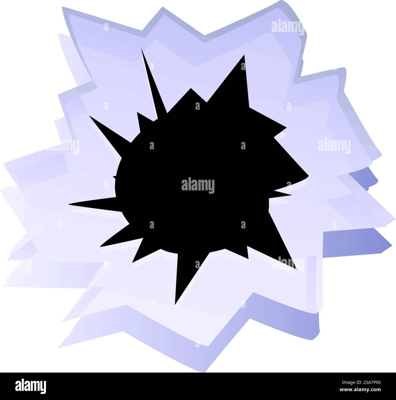 Vetro incrinato con motivo radiale che fuoriesce dal punto di impatto. Vetro rotto con foro che mostra bordi taglienti dall'impatto Illustrazione Vettoriale