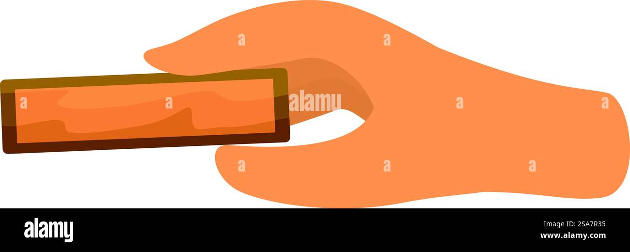 Guanti per mani che reggono un singolo mattone, pronti per l'uso in un progetto edile o fai da te. Operaio edile che tiene a mano mattoni per muri da costruzione Illustrazione Vettoriale