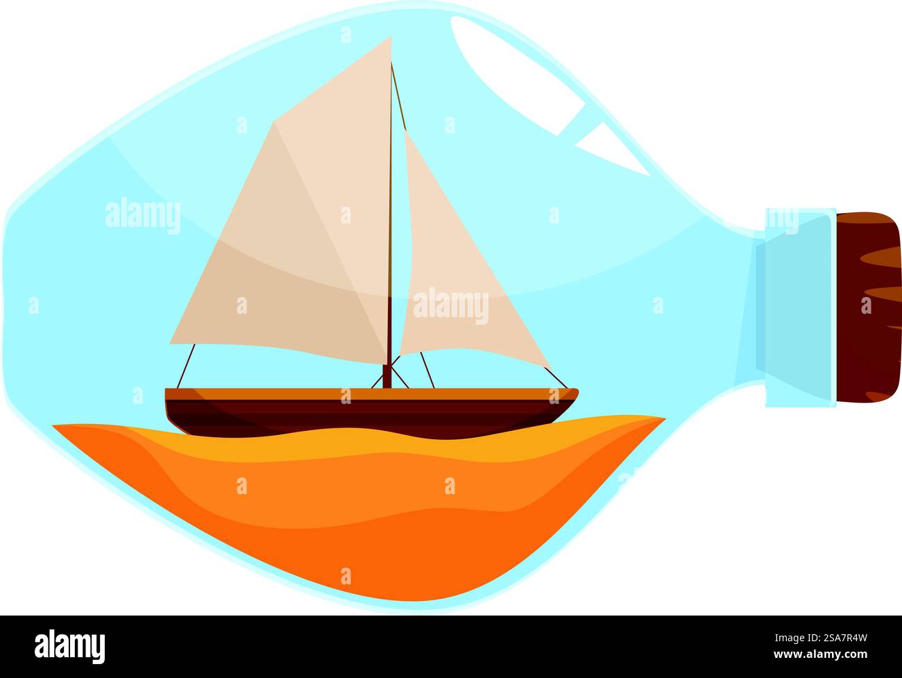 Barca a vela che naviga sulle onde dell'oceano all'interno di una bottiglia di vetro con sughero che rappresenta l'avventura, il viaggio e le vacanze estive. Barca a vela che naviga sulle onde dell'oceano all'interno di una bottiglia di vetro con sughero Illustrazione Vettoriale