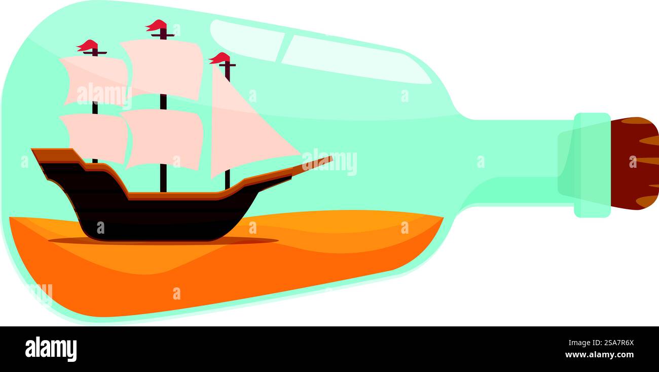 Vecchia nave che naviga all'interno di una bottiglia di vetro sulla sabbia che rappresenta il viaggio e l'avventura. Vecchia nave che naviga all'interno di una bottiglia di vetro sulla sabbia Illustrazione Vettoriale