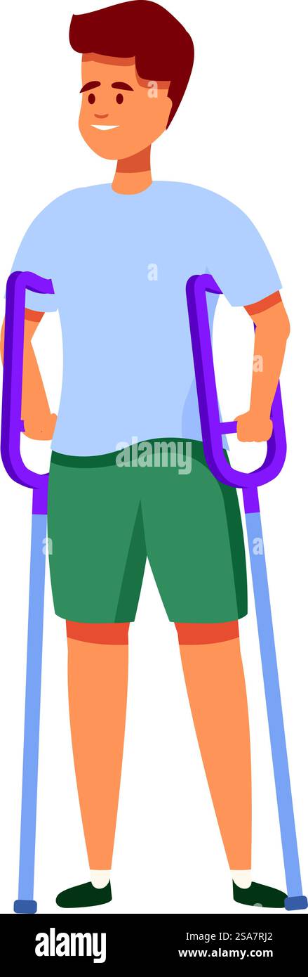 Il personaggio maschile è in piedi e sorridente mentre si usano le stampelle per il supporto. Il giovane che usa le stampelle sta in piedi e sorride positivamente Illustrazione Vettoriale